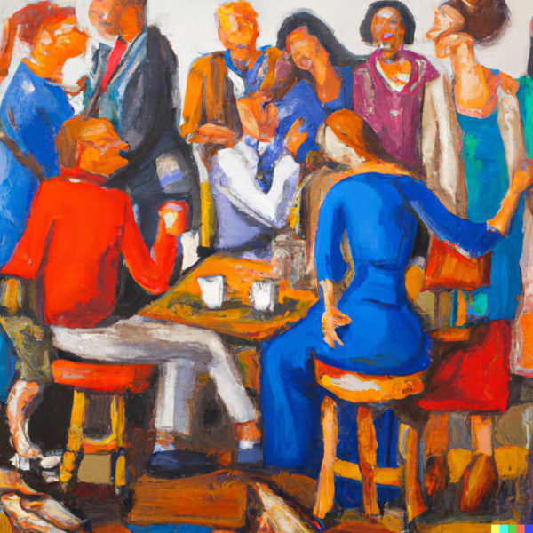 DALLE 2023 01 13 08 28 19 12 diverse people discussing at a table oil painting bright colors