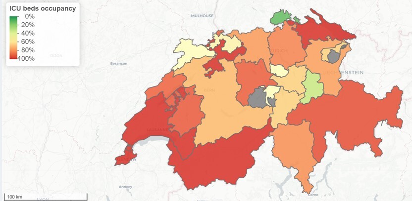 Abbildung 1: Bettenbelegung der Intensivstation Prognose der Schweiz für 25.01.2021 (Datenstand: 24.01.2021).